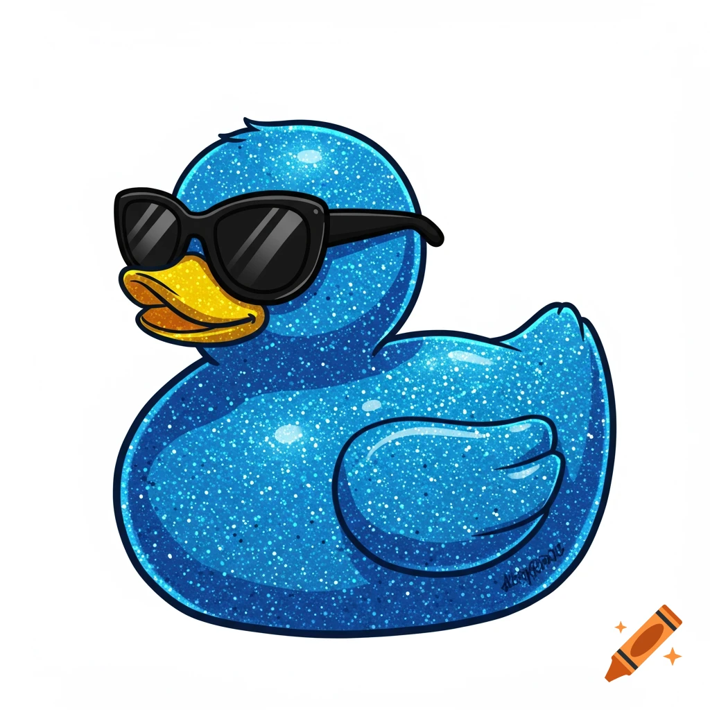 A blue glittery rubber duck wearing sunglasses in a clip art style.