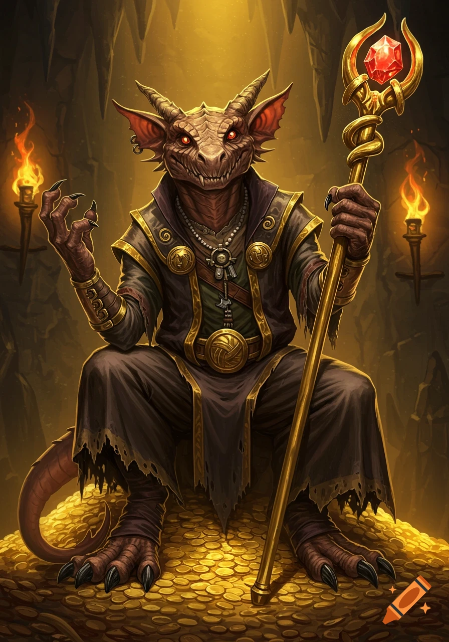 A reptilian fantasy creature, a warlock, sits on a pile of gold in a cave, holding a staff with a red gem.