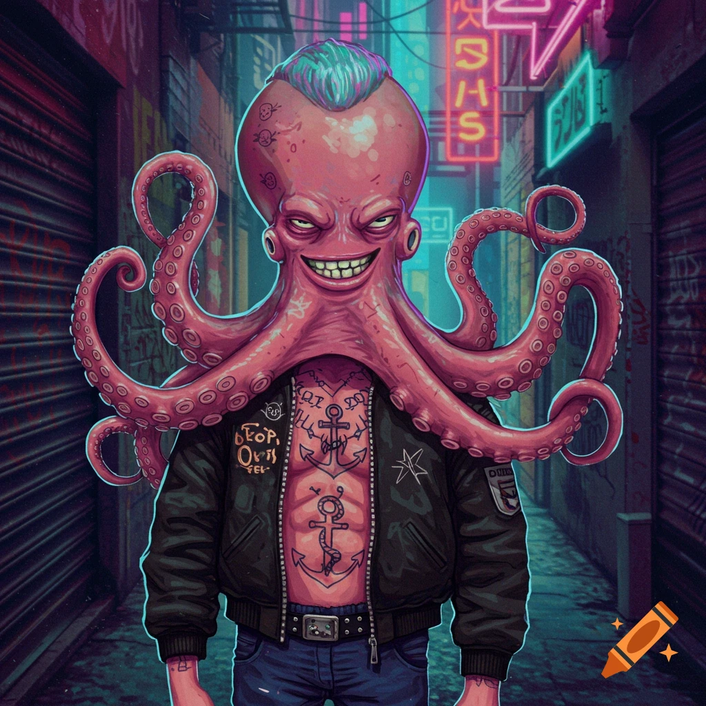 Pink octopus with a punk haircut and jacket in a neon-lit urban alleyway, digital art.