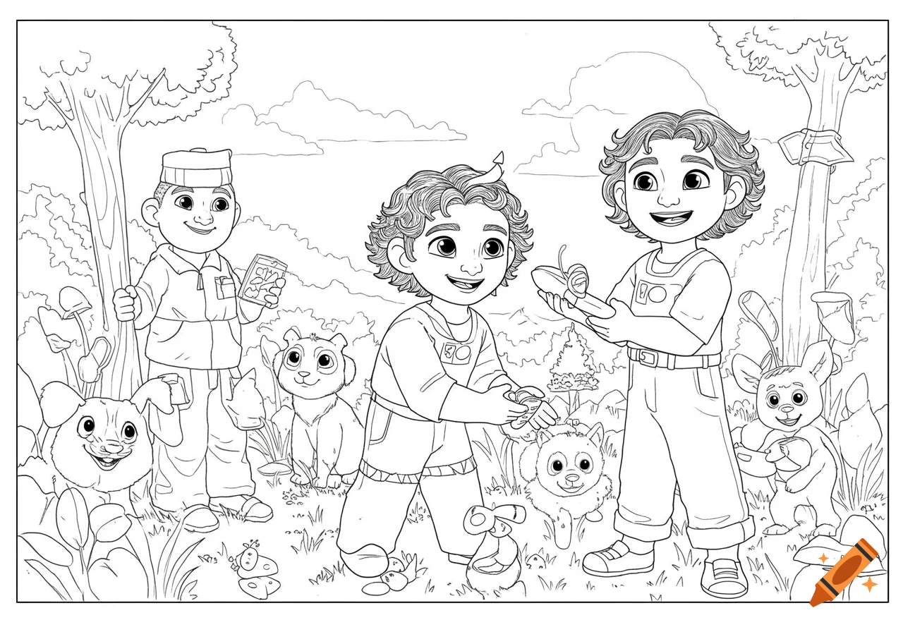 Black and white coloring page of children and animals in a forest