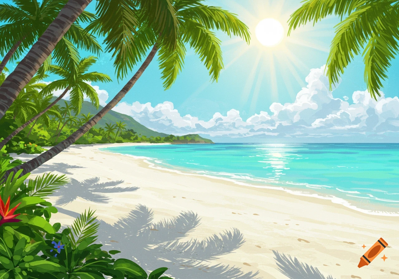 Sunny tropical beach with palm trees, white sand, and turquoise water.