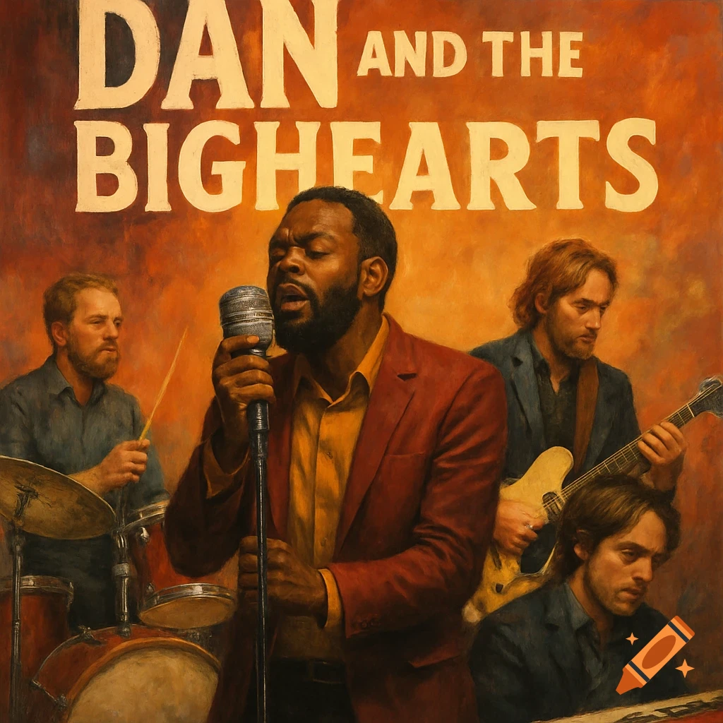 Painterly portrait of a band: singer at microphone, guitarist, drummer, and keyboard player. Text reads "DAN AND THE BIGHEARTS".