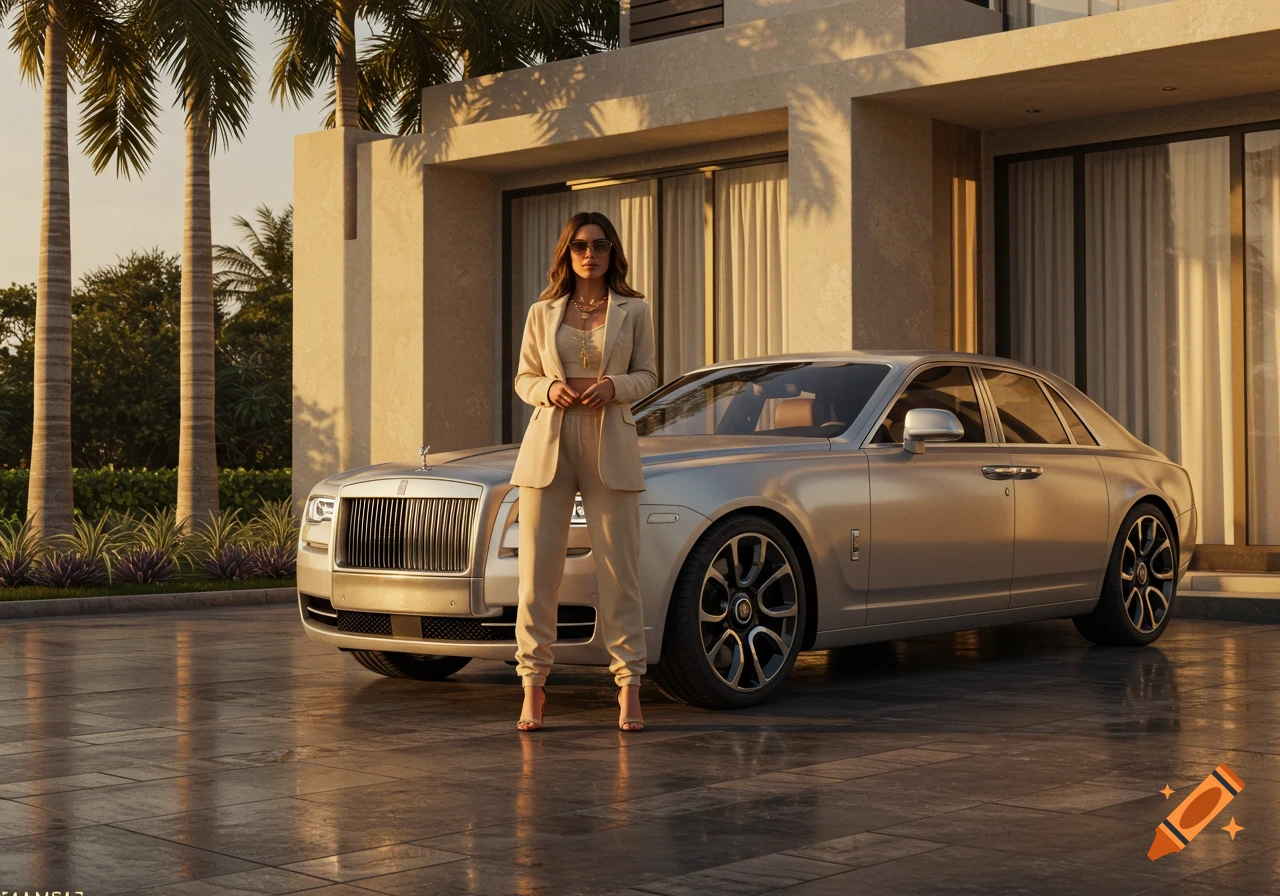 Woman in beige suit standing beside a silver luxury car in front of a modern mansion at sunset. Photorealistic.