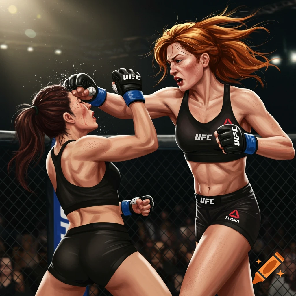 Stylized illustration of two women fighting in an MMA ring, one punching the other in the face.