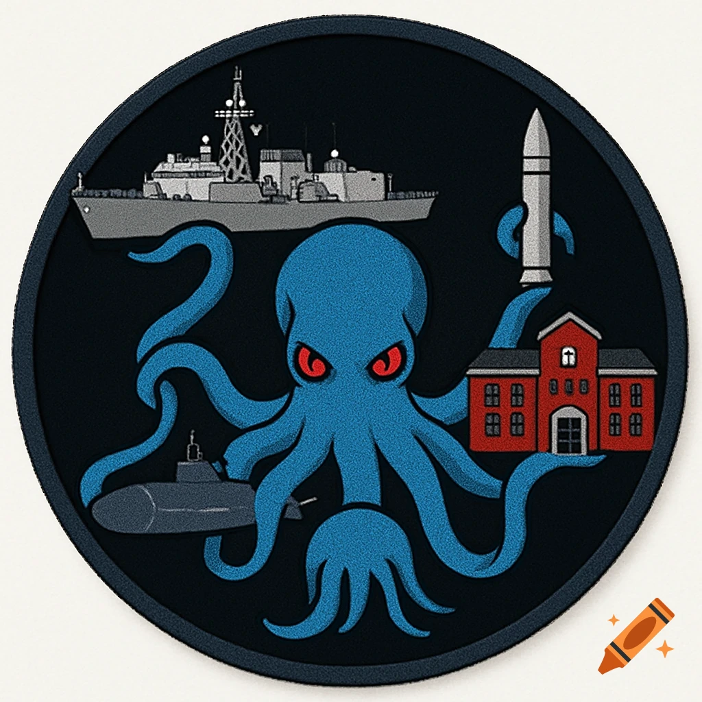 Stylized circular patch with blue octopus holding ship, submarine, building, and missile.