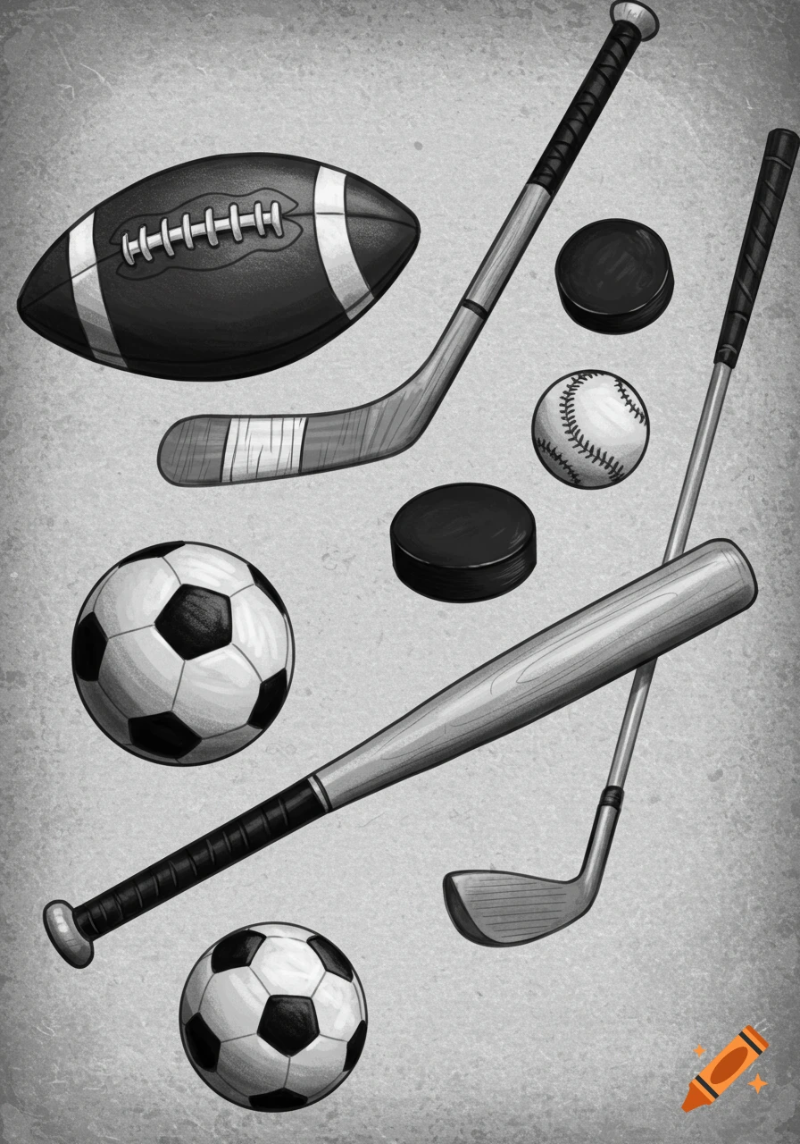 Black and white illustration of various sports equipment including balls, bats, sticks, and pucks.