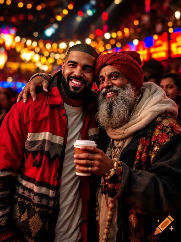 Two men, one resembling Drake, posing for a photo in a vibrant, crowded setting.
