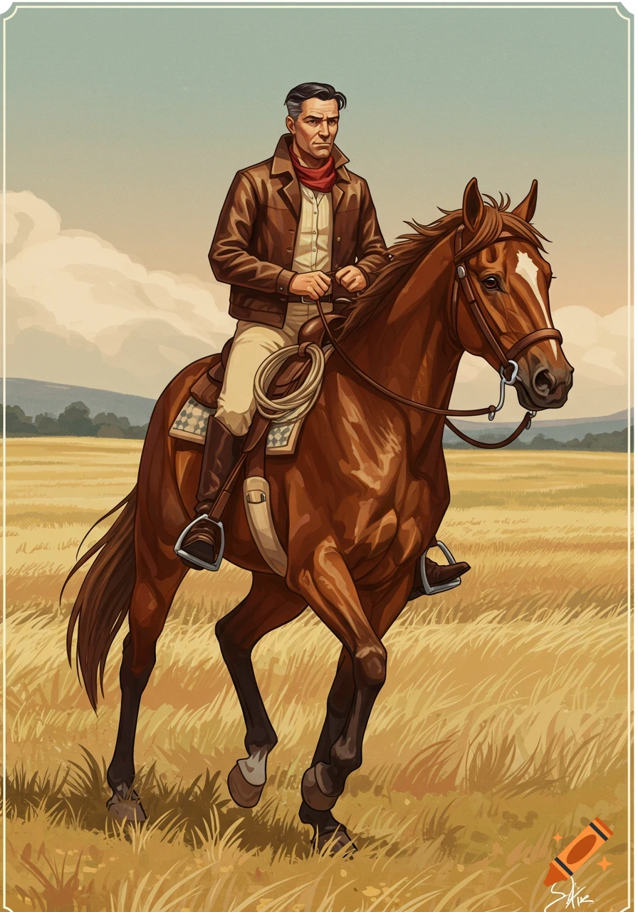 Illustration of a retro man riding a horse through a field.