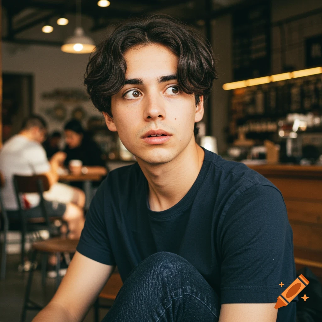 Close-up portrait of a young man with wavy hair looking surprised in a cafe.