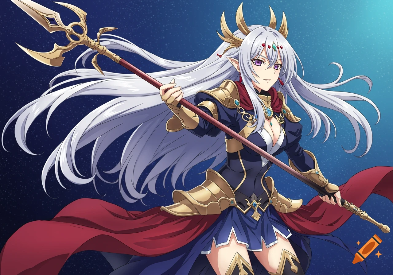 White-haired anime fantasy warrior with pointy ears in armor holding a ...