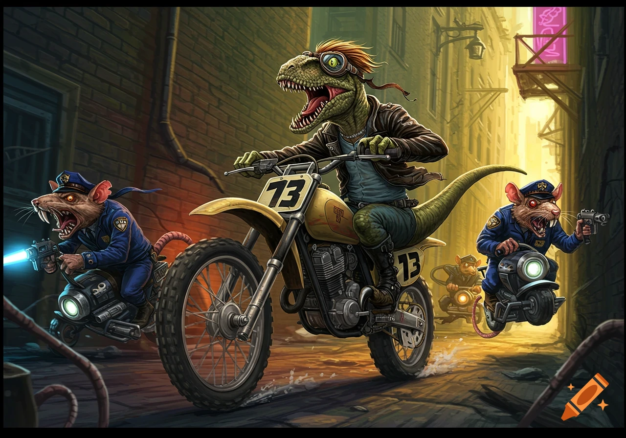 A cartoon velociraptor rides a dirtbike down an alley, pursued by rat cops on hoverbikes.