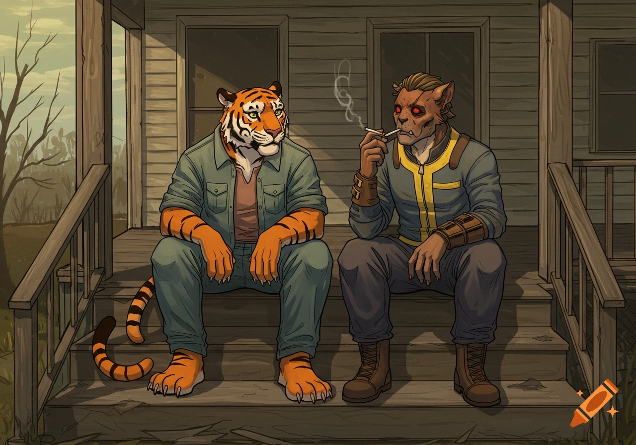 An anthropomorphic tiger and a ghoul from Fallout sit on a porch and smoke, digital art.