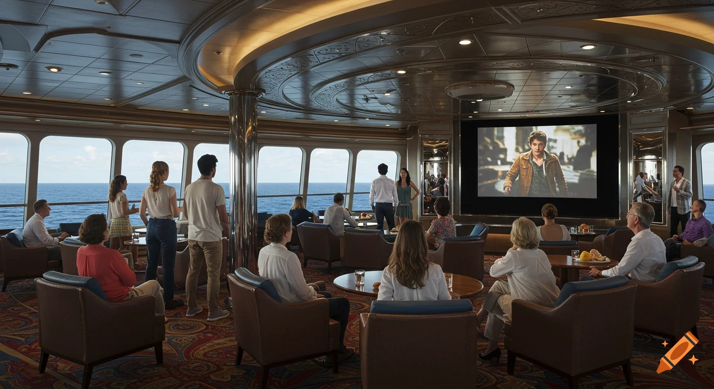 People watch a movie in a lounge on a cruise ship