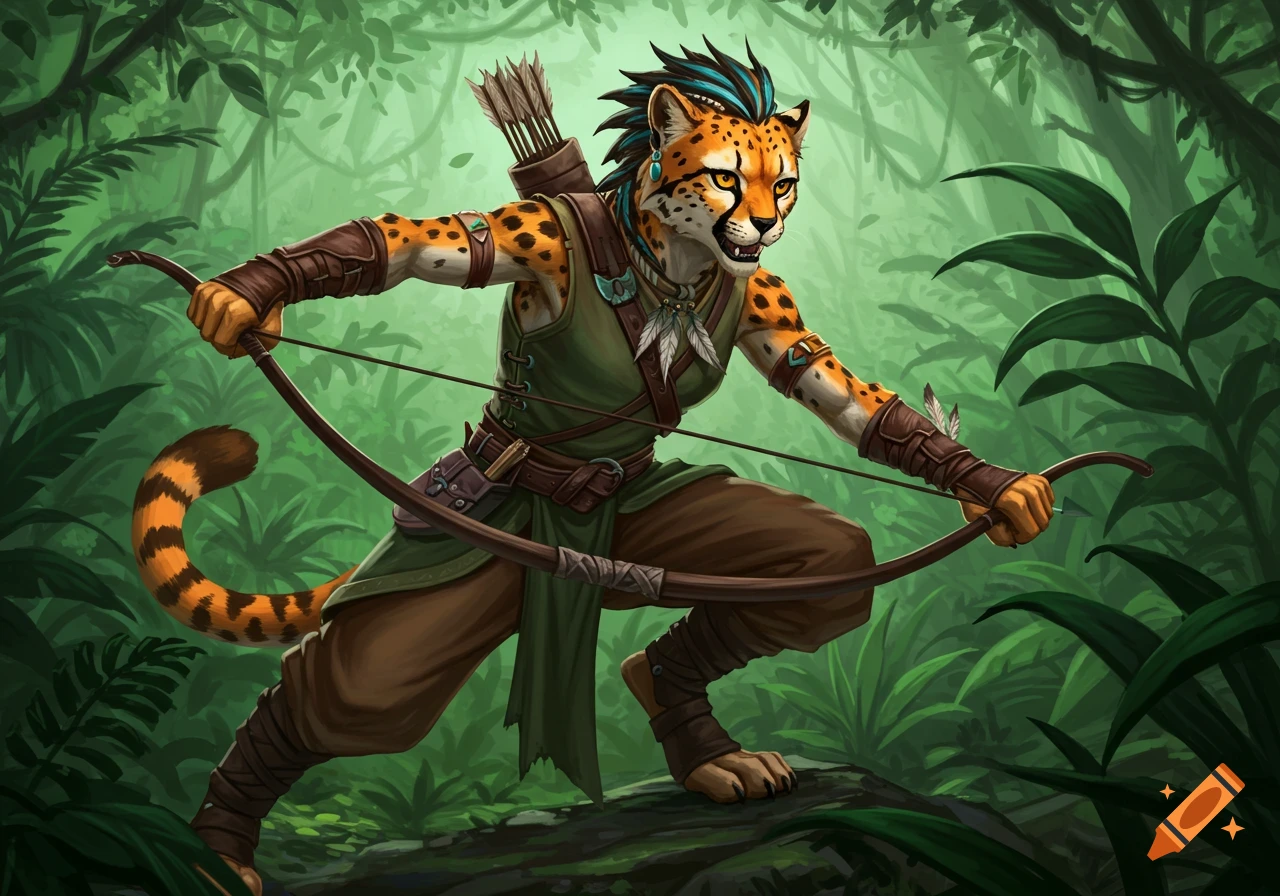 Anthropomorphic cheetah ranger with bow in a jungle