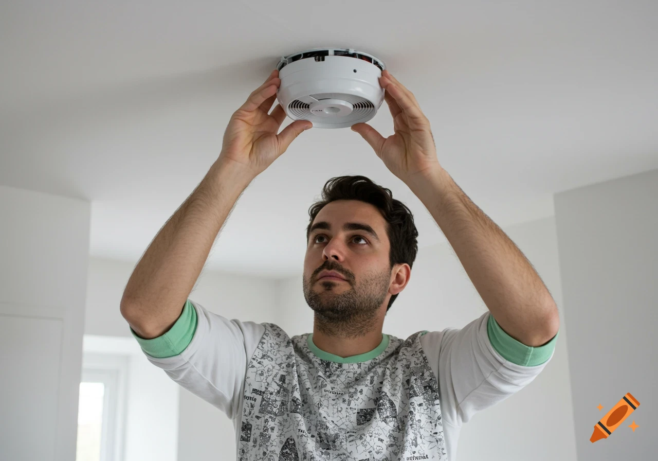 A man installs a smoke alarm on a ceiling.