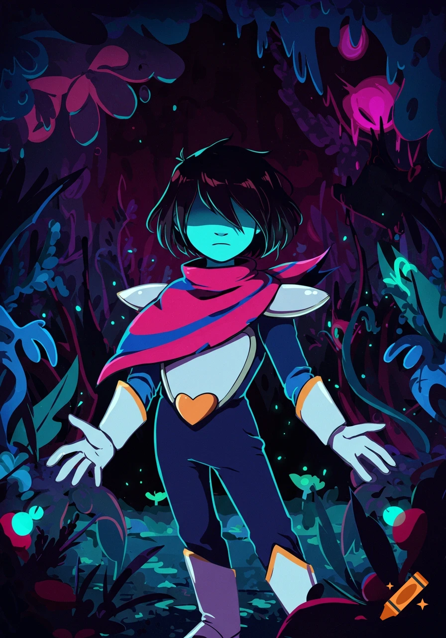 Stylized illustration of Kris from Deltarune in a dark, glowing forest.