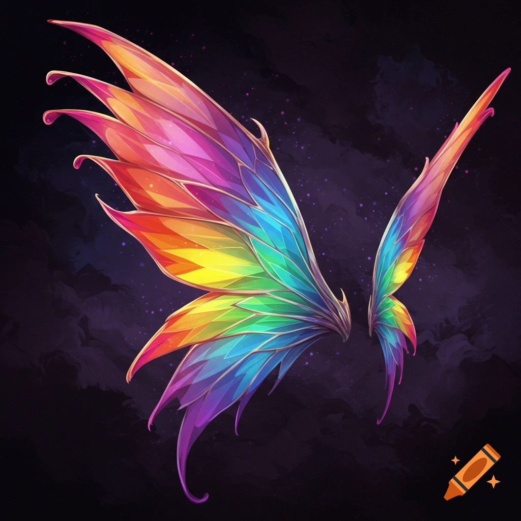 Colorful prismatic dragon or fairy wings on a dark background.