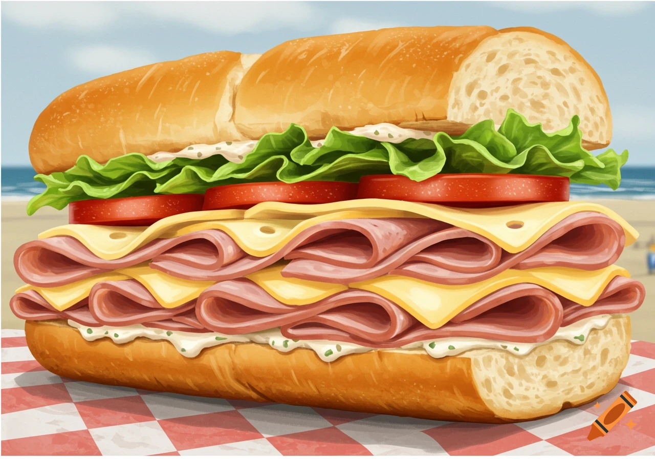 Illustration of a large sandwich with ham, cheese, lettuce, and tomato on a checkered cloth at the beach.