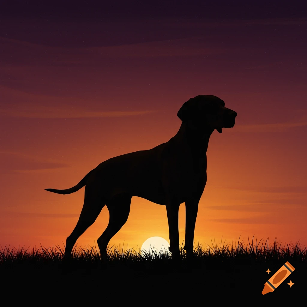 Silhouette of a Vizsla dog standing on a grassy hill at sunset