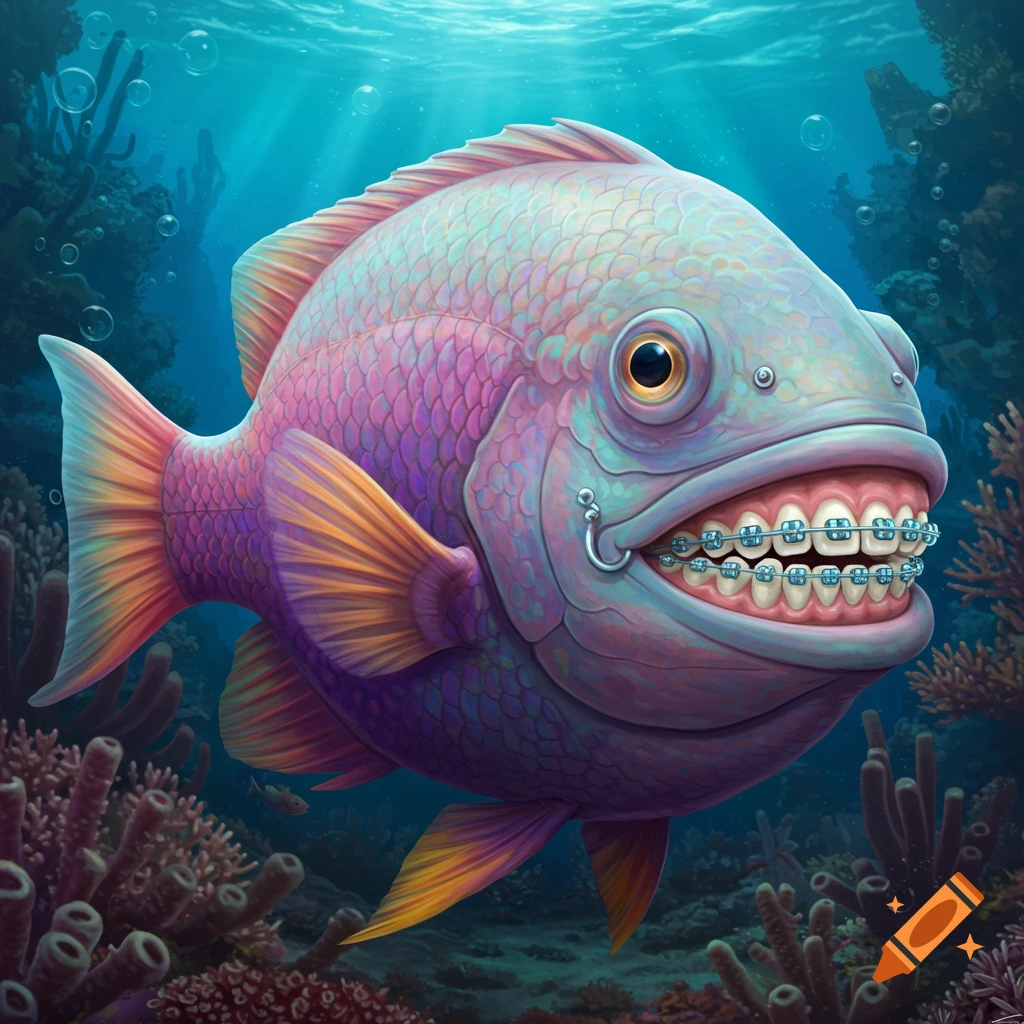 A colorful fantasy fish with braces on its teeth swims underwater near coral.