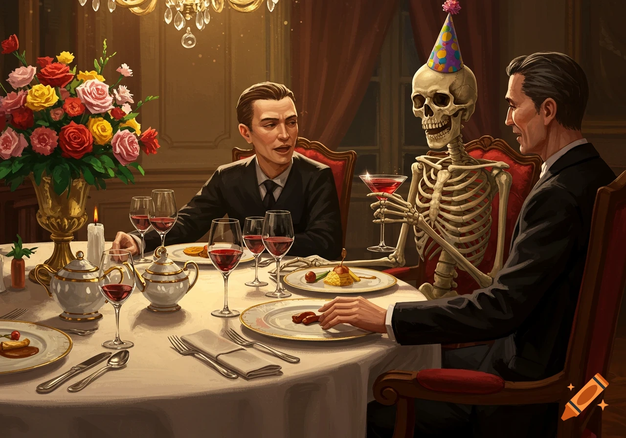 A skeleton in a party hat dines with two men at a fancy table, painterly style.