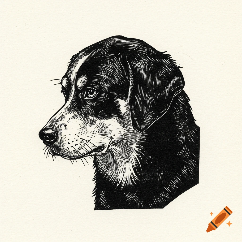 Black and white linocut profile portrait of a dog.