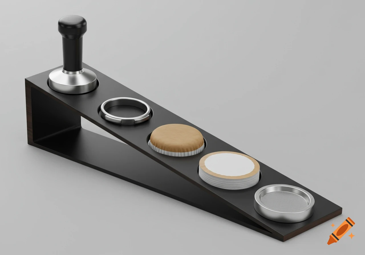 A black organizer holds espresso coffee accessories including a tamper, dosing ring, filters, and puck screen.