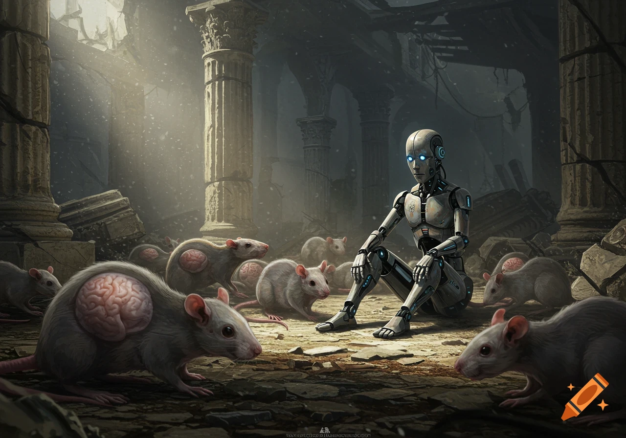 A robot sits among rats with exposed brains in ancient ruins. Stylized sci-fi fantasy.