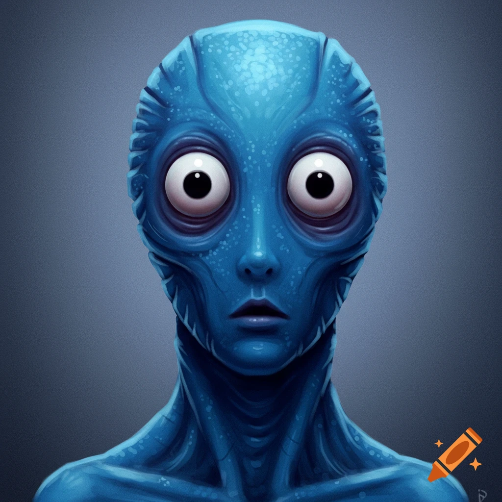 A blue alien face with large round eyes staring forward.