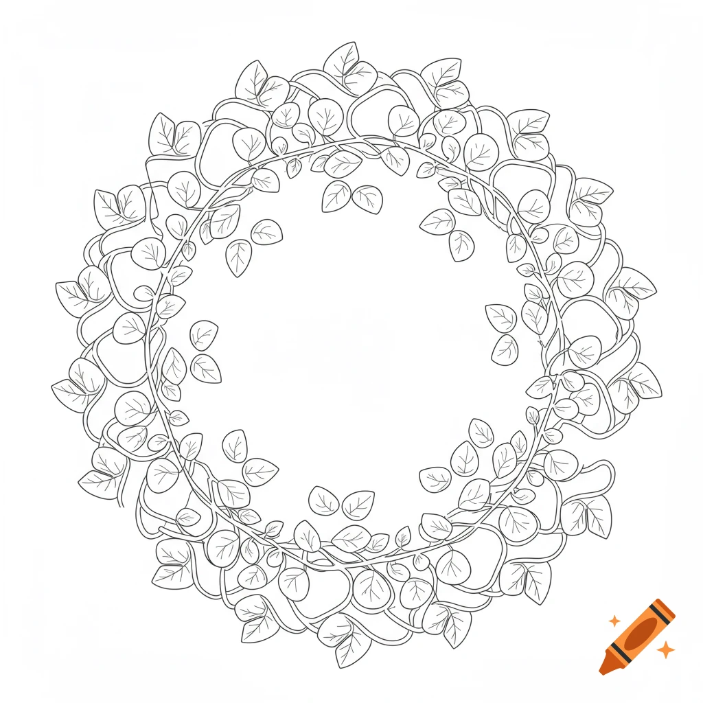 Black and white line art mandala of leaves and vines.