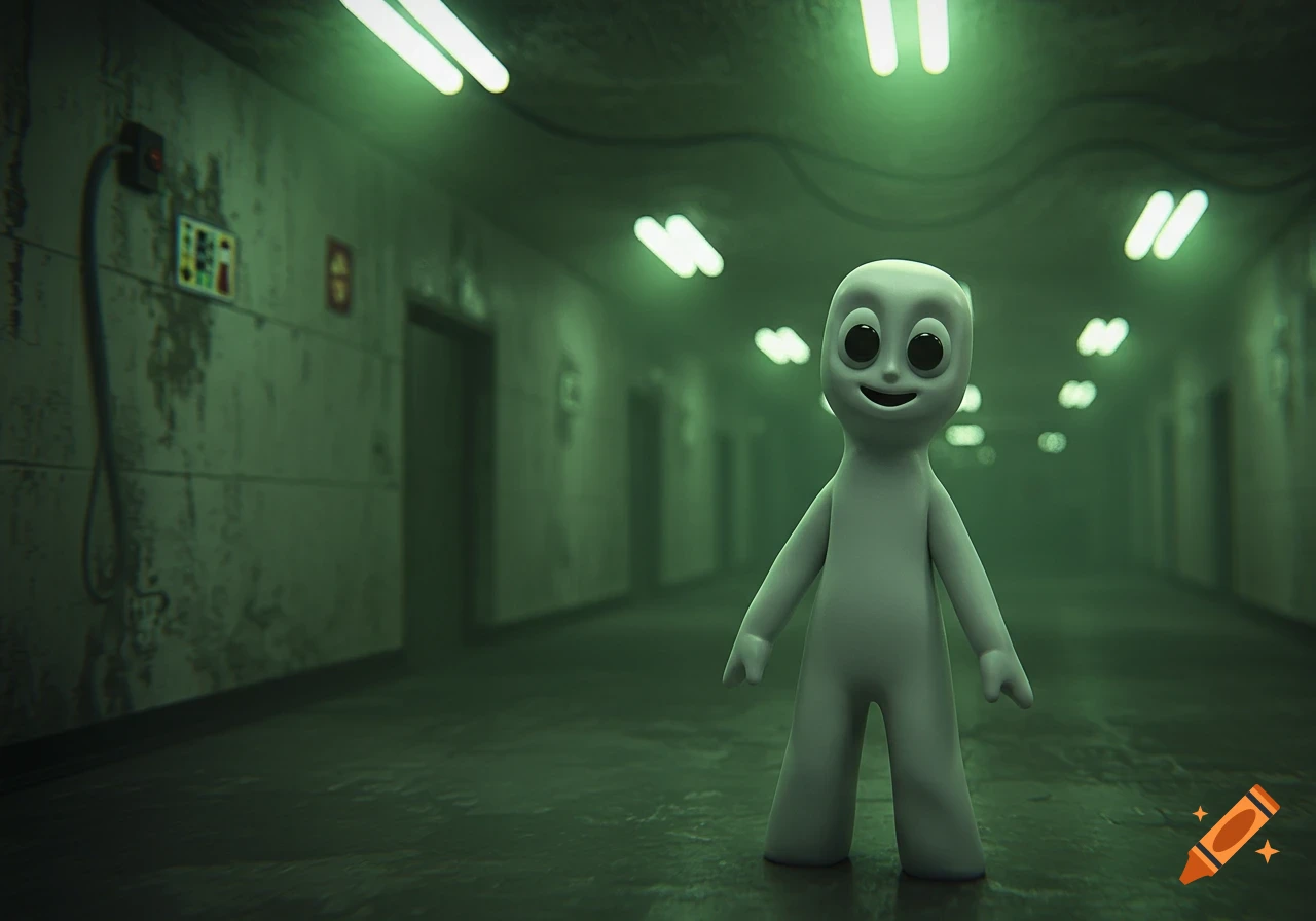 A gray creature stands in a creepy, green-lit hallway with doors.