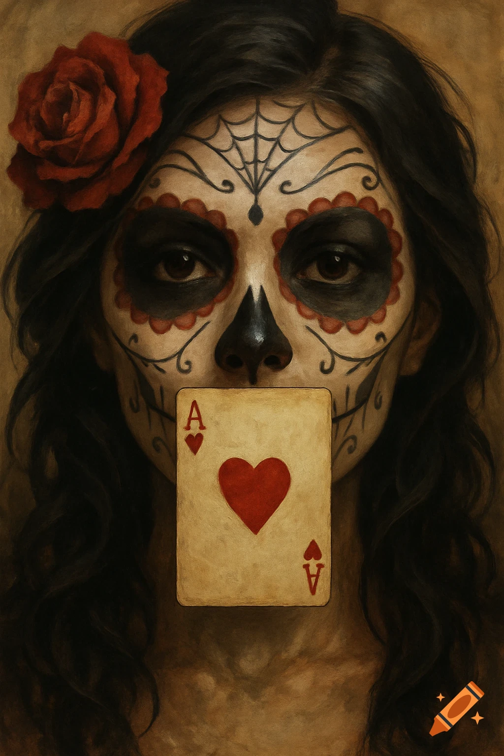 Painting of woman with Dia de los Muertos makeup holding an ace of hearts playing card over her mouth.