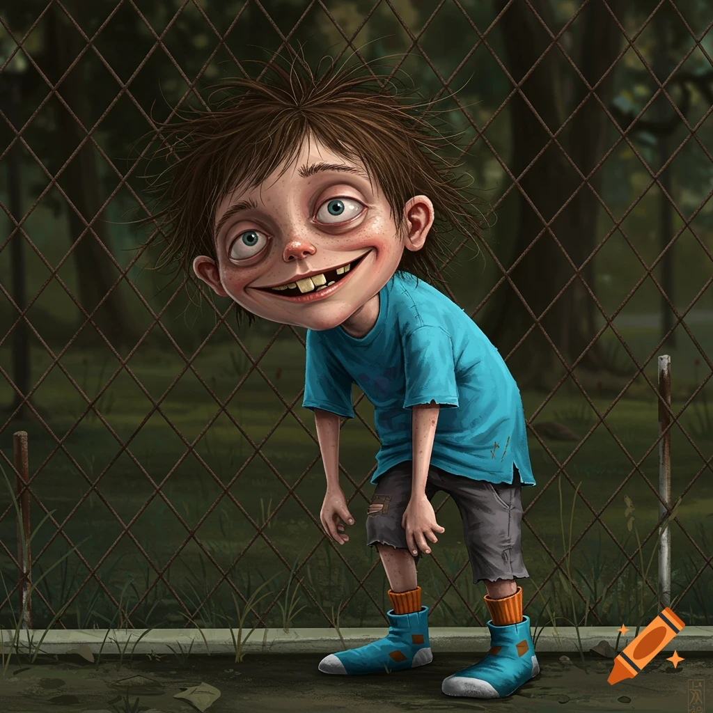 Illustration of a grotesque cartoon boy with messy hair and buck teeth ...