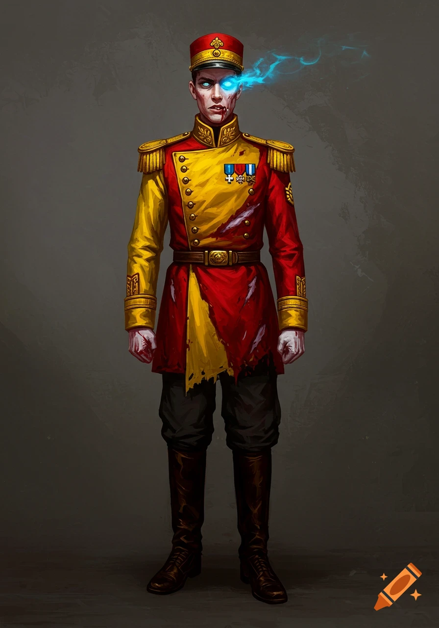 A full body illustration of an undead military general in a tattered red and yellow uniform with a glowing blue eye.