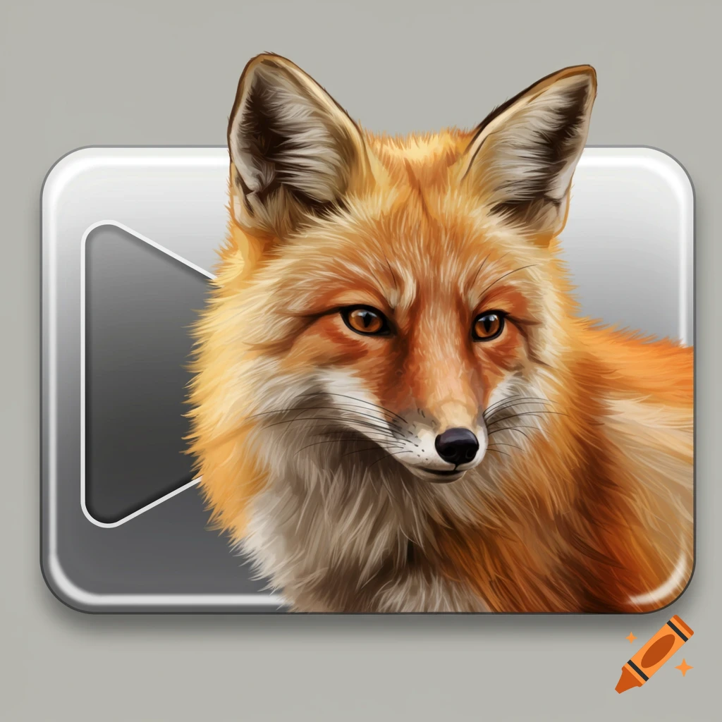 Illustration of a red fox head peering out from a gray and silver icon shaped like a play or fast-forward button.