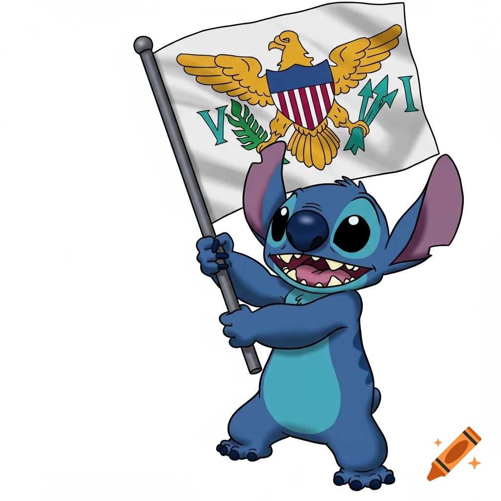Cartoon character Stitch smiles while holding the US Virgin Islands flag.