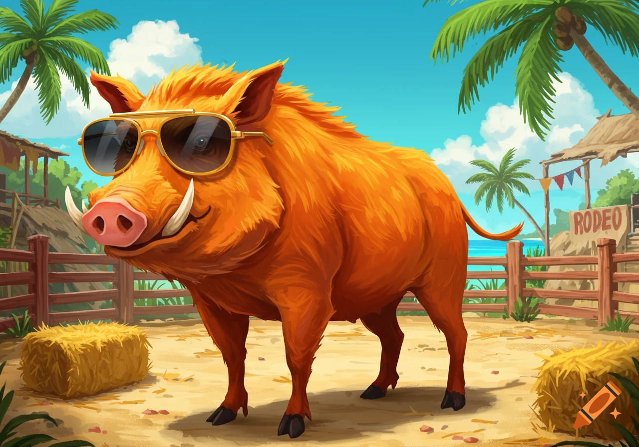 An orange wild pig wearing sunglasses stands in a tropical rodeo ring.