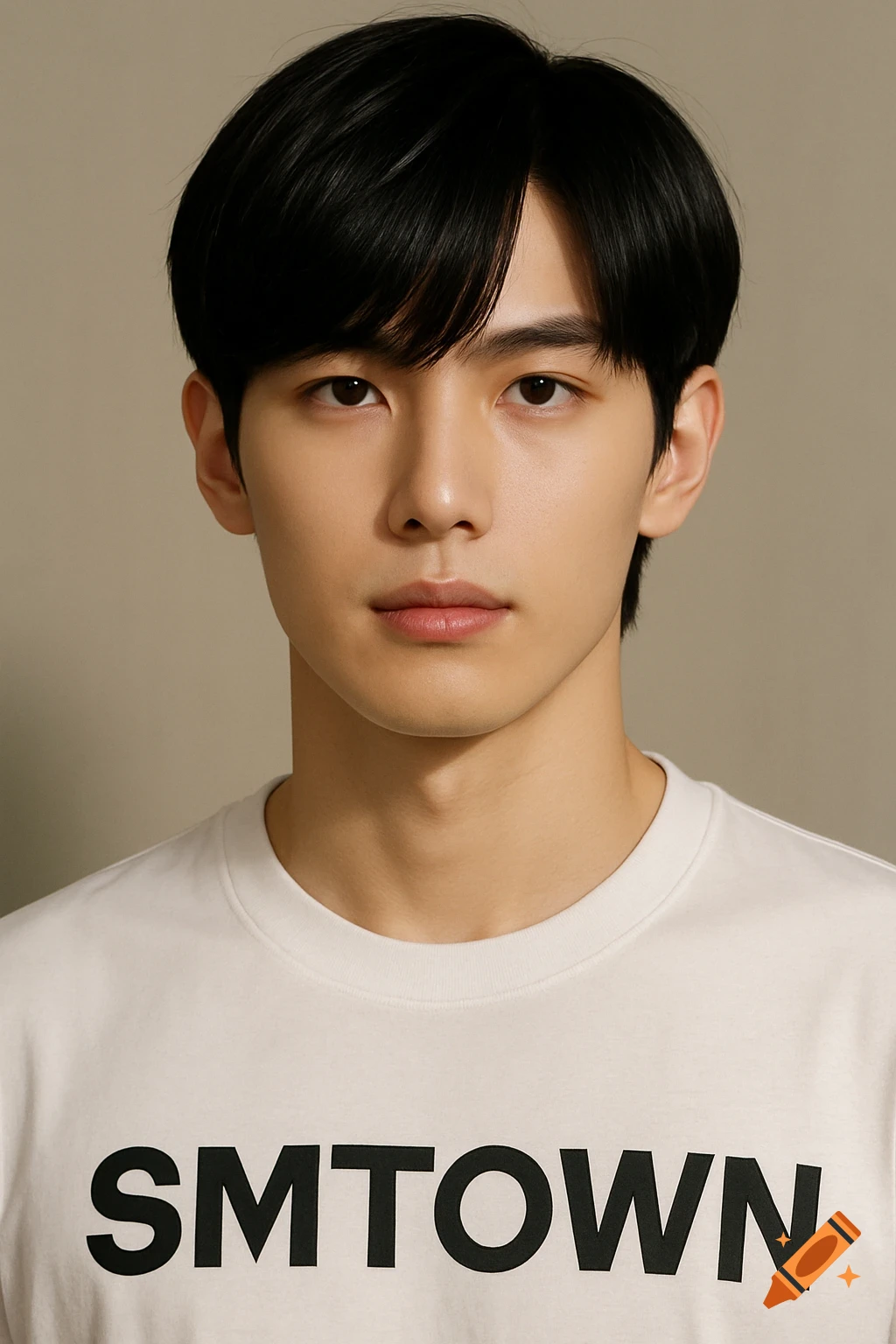 Close-up portrait of a young man in a white t-shirt with SMTOWN logo