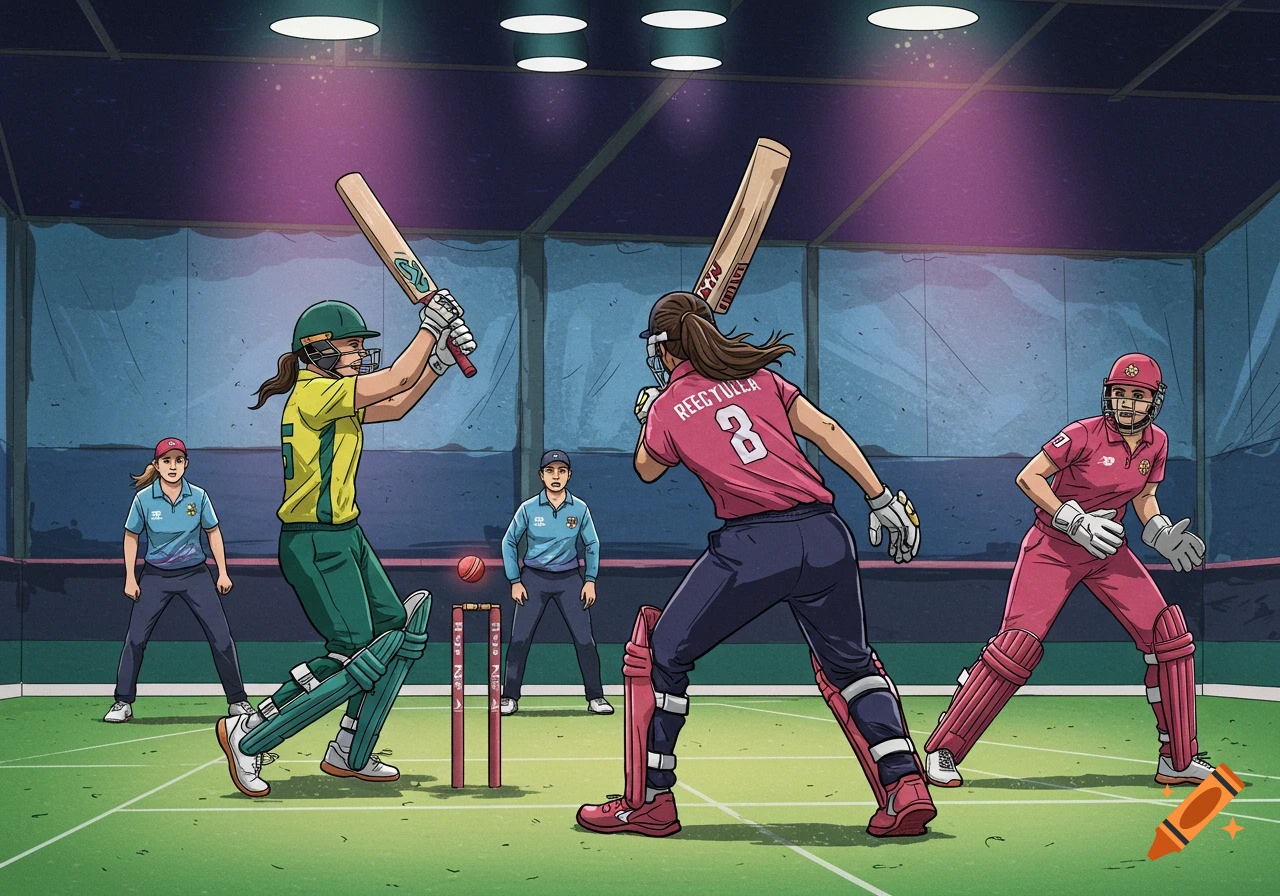 Illustration of women playing indoor cricket, batter hitting a ball