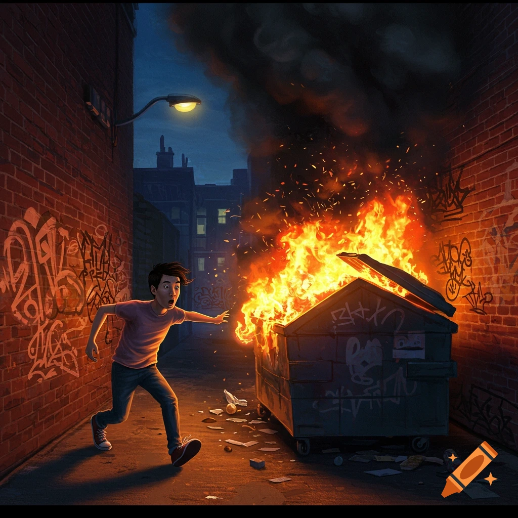 Illustration of a person running away from a burning dumpster in a dark, graffiti-covered alley.