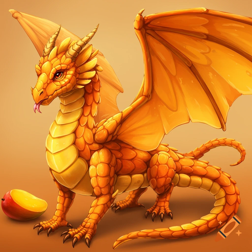 A cartoonish orange and yellow dragon sits next to a slice of mango.