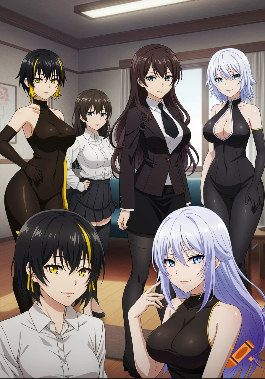 Anime illustration of five women standing together in a room, some in suits and some in dresses.