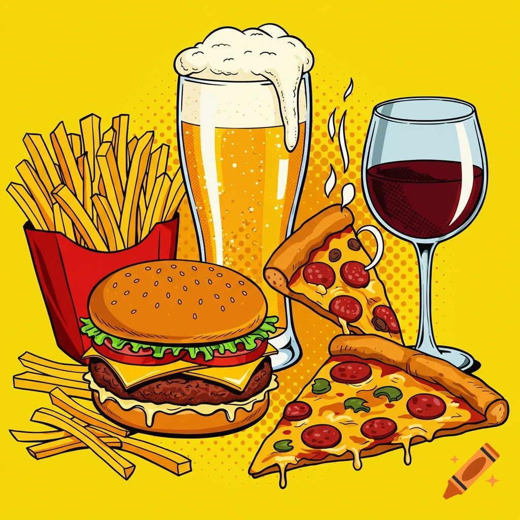 Pop art illustration of a burger, fries, pizza slices, beer, and wine.
