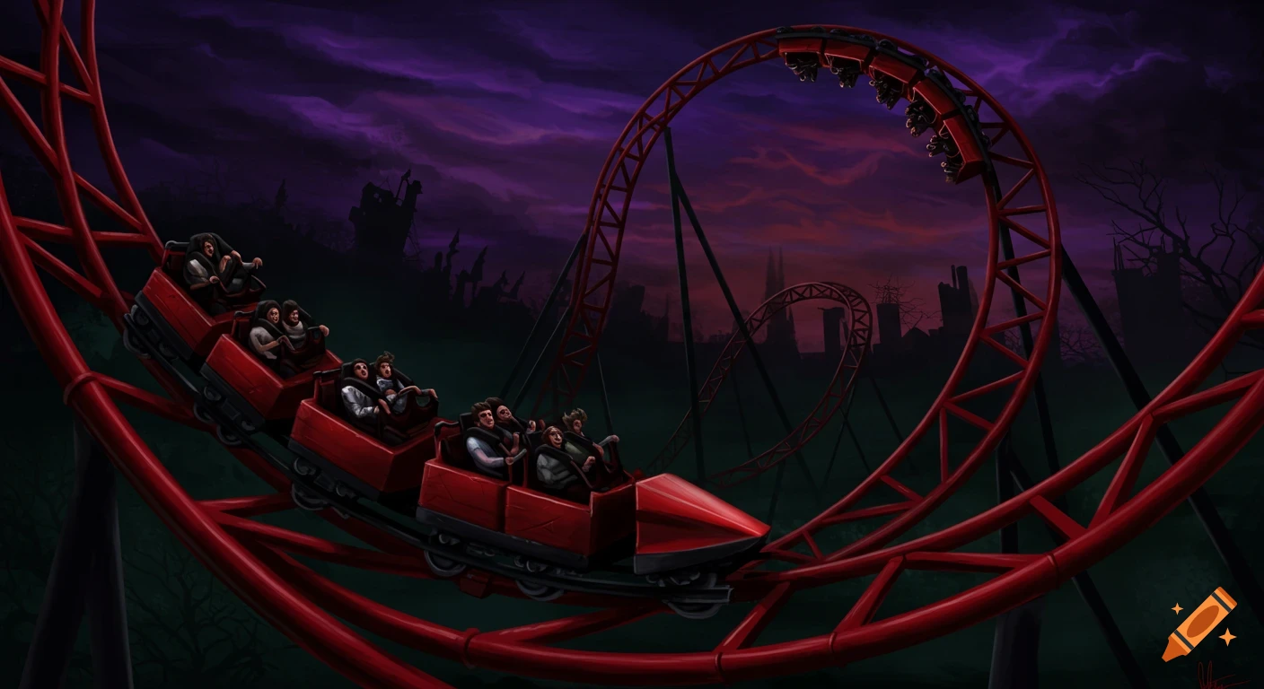 A red roller coaster with riders speeds through a dark, spooky landscape with ruined buildings and dead trees under a purple sky.