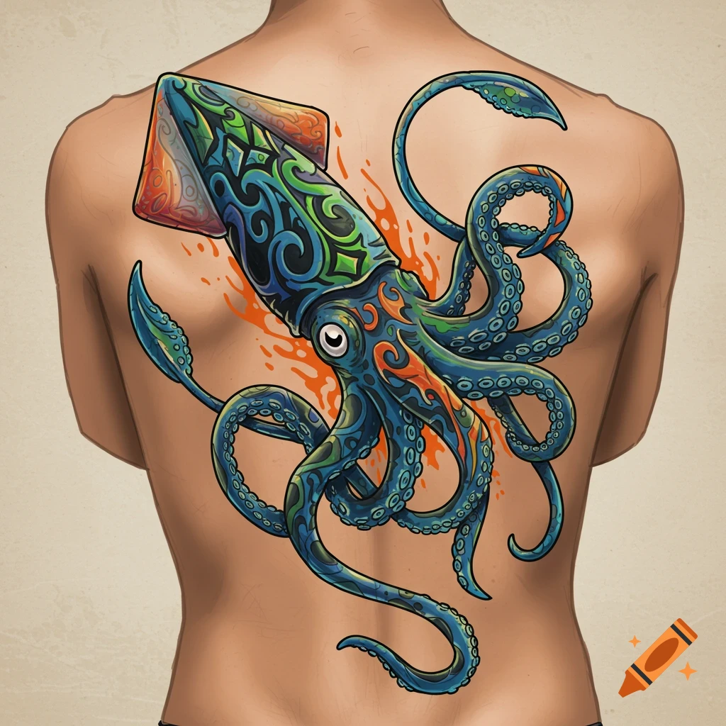 A colorful squid tattoo with tribal patterns on a person's back.