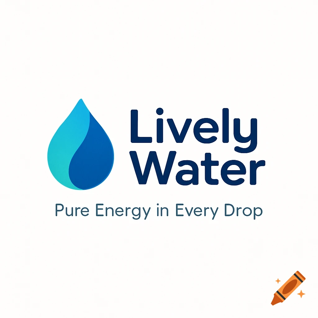 Logo for Lively Water brand with a blue and teal water droplet.