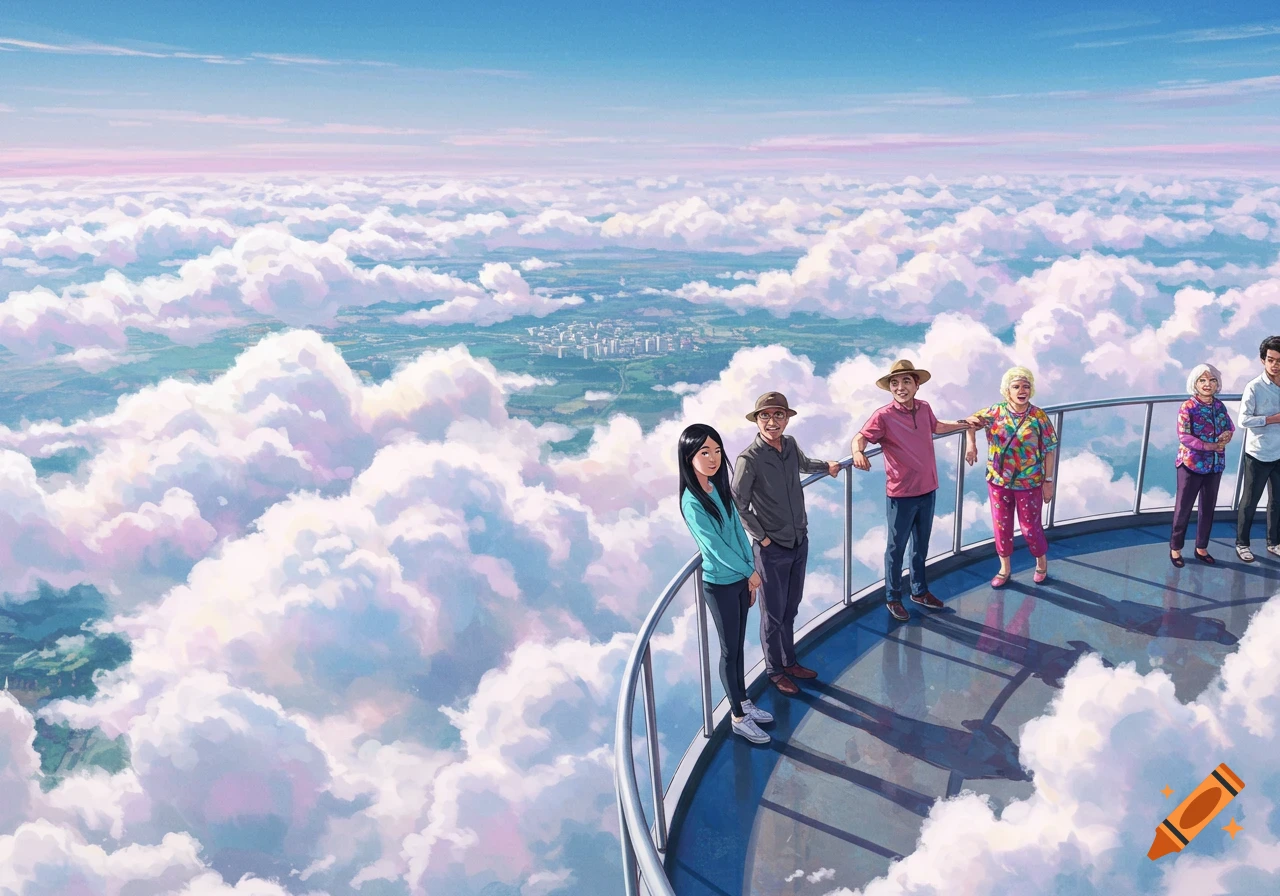 Group of diverse people on a platform above the clouds looking down at a city, digital illustration.