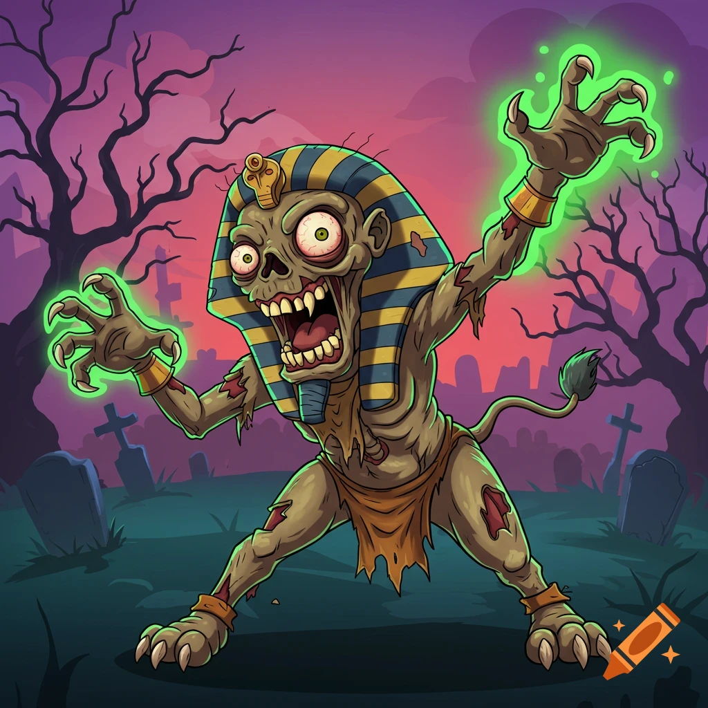Cartoon zombie sphinx in a graveyard