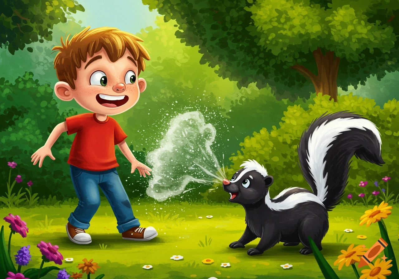 A cartoon boy reacts in surprise as a skunk sprays him in a grassy field.