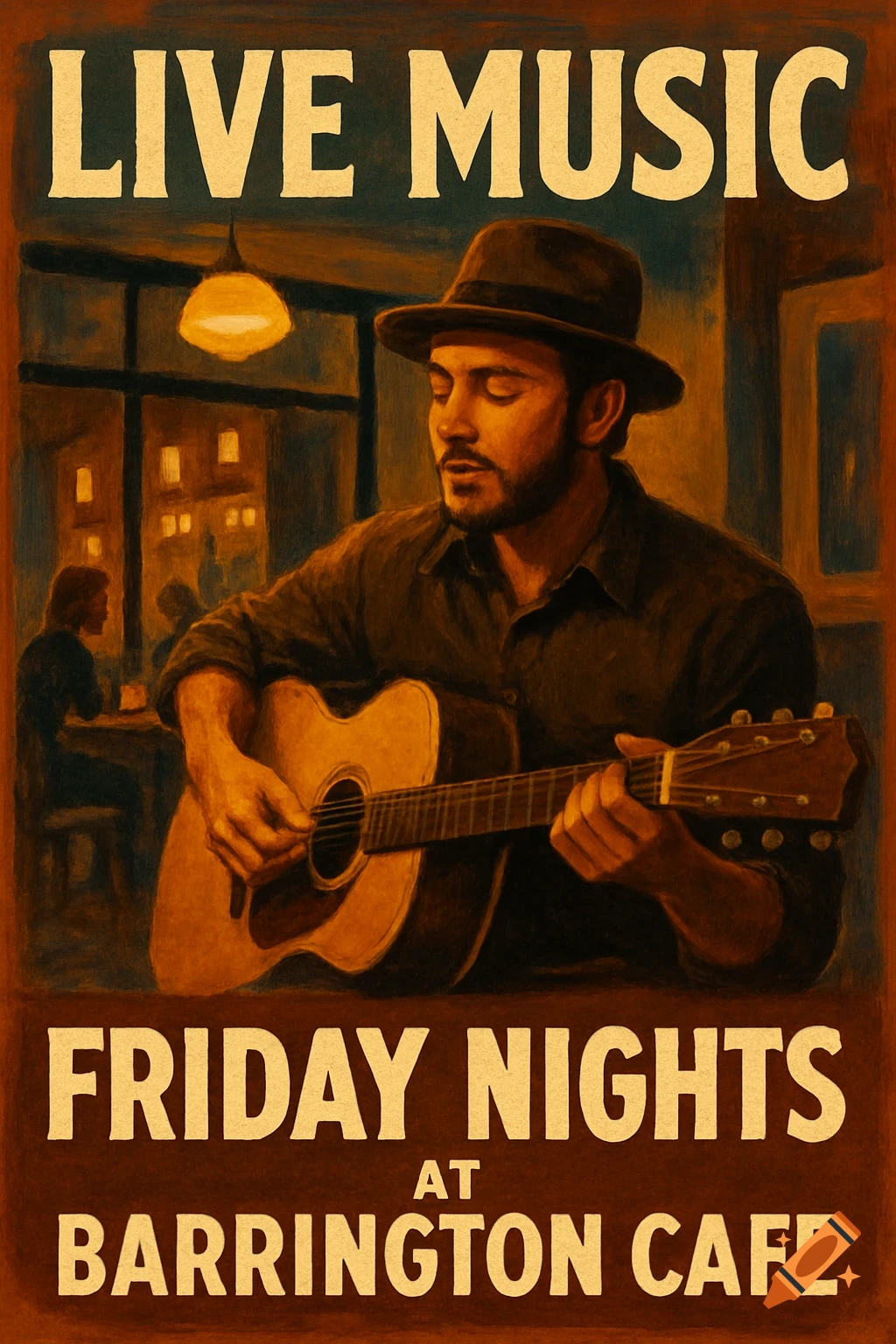 Vintage poster style painting of a man playing guitar in a cafe. Text reads "LIVE MUSIC FRIDAY NIGHTS AT BARRINGTON CAFE".
